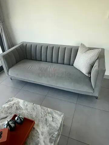 Modern grey 3-seater velvet sofa and two chairs set to match — excellent condition