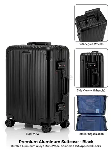 Premium Aluminum Hardcase Suitcase - Black (4-Wheel, TSA Locks)