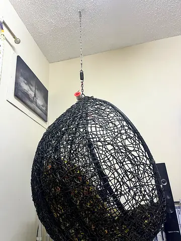 Black woven hanging egg chair with cushion - good condition