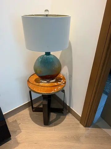 Glass Table Lamp with White Drum Shade