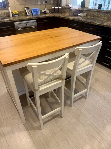 Wood Top Kitchen Island with 2 White Bar Stools - Good Condition