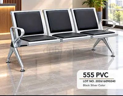 3-Seater Metal Waiting Room Bench with Black PVC Cushions