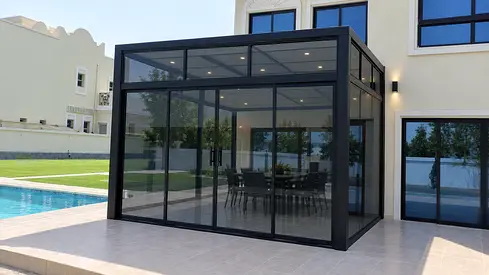Aluminum & Glass Outdoor Sunroom / Patio Enclosure - Black Frame, Large Size