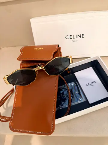 Celine gold-frame sunglasses with brown leather case and box