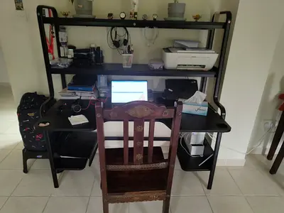 IKEA Black metal study desk with built-in shelves and keyboard tray