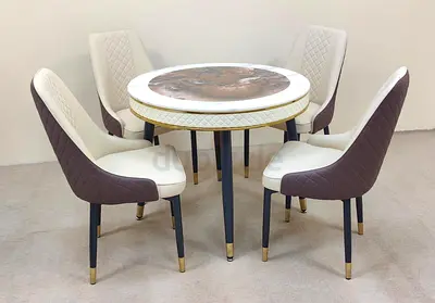 Round Marble-Top Dining Table with 4 Quilted Chairs - Excellent Condition
