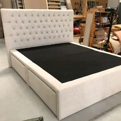Upholstered Storage Bed with Tufted Headboard - Queen/King (Light Beige)