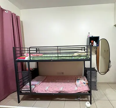 IKEA Metal Bunk Bed (Double) - Sturdy Gray Frame, Good Condition with mattresses and pillows
