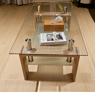 Glass Top Coffee Table with Wooden Base and Lower Shelf