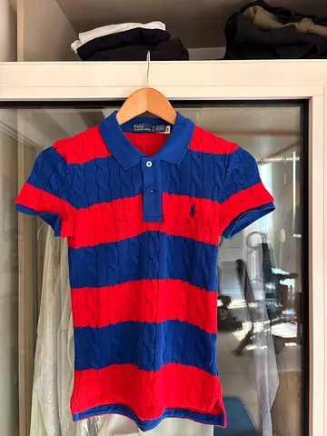 Polo Ralph Lauren red and blue striped Polo-style short sleeve knit top in red and blue, size S