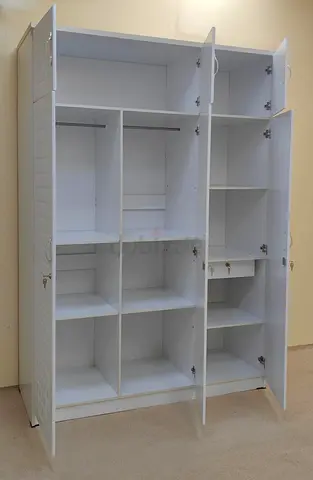 White 3-Door Wardrobe with Shelves and Hanging Rail - Good Condition