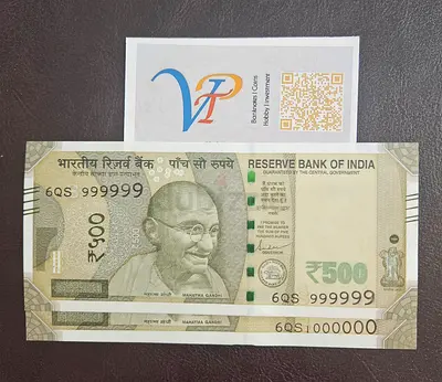 Pair of 9- 10 Indian 500 Rupee Notes with 999999 - 1000000 Serial Numbers - Uncirculated-2020 Issue