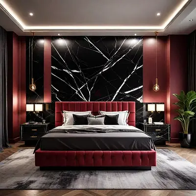 Modern Burgundy Upholstered King Bed with Headboard