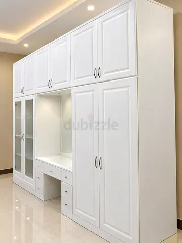 Large White Built-in Wardrobe with Desk and Display Cabinets