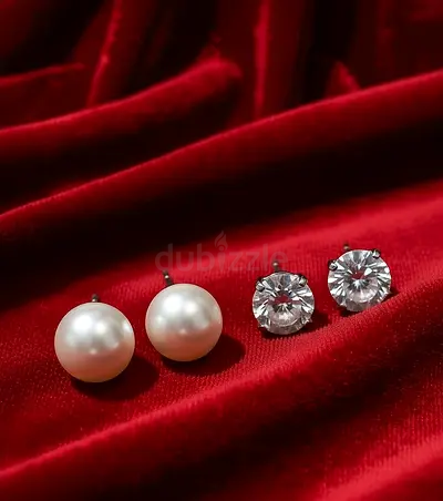 Two Pairs of Stud Earrings — Pearls and Solitaire CZ/Crystal