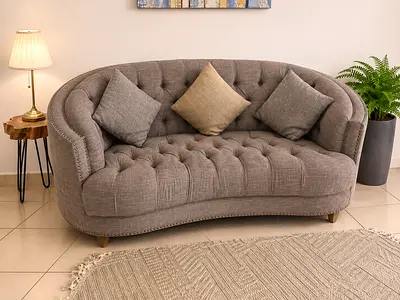Curved Tufted 3-Seater Sofa in Grey Fabric — Good Condition
