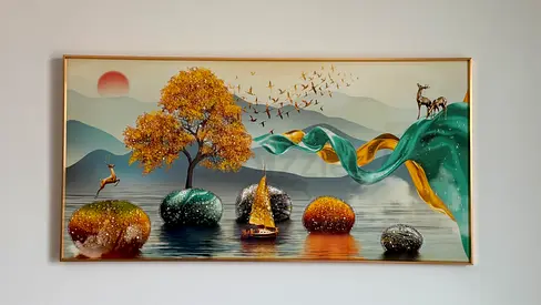 Framed Modern Landscape Wall Art with Gold Accents — 1.2m x 0.6m (approx.)