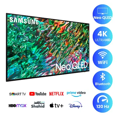 The Samsung 65" QN90B Neo QLED 4K Smart TV (Model Series 2022) features a Mini-LED display, a 120Hz