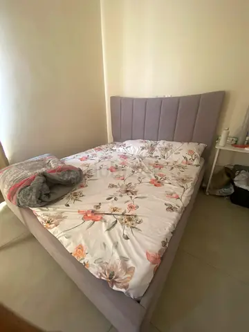 Queen upholstered bed with padded headboard - light grey with mattress