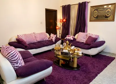 White and Purple 3-Piece Sofa Set with Cushions and Rug - Good Condition