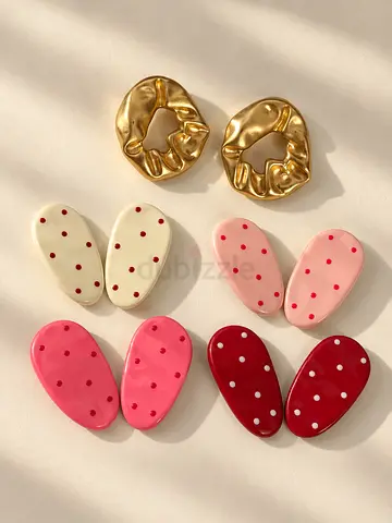 Set of 8 Cute Hair Clips + Gold Scrunchie — Pink & Polka Dot Styles
