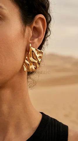 New gold plated sculpted statement earrings, single pair, silver needle