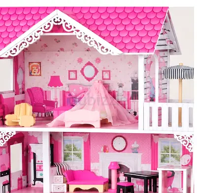 Large Wooden Pink Dollhouse with Furniture - 3-Storey Playhouse
