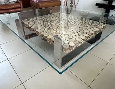 Marina Solace Glass Top Coffee Table (150 cm x 150 cm) with Wood Slice Inlay and Chrome Base