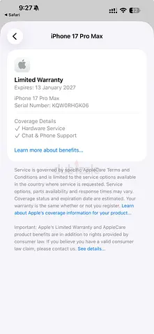 iPhone 17 Pro Max - Limited Warranty (expires Jan 13, 2027)