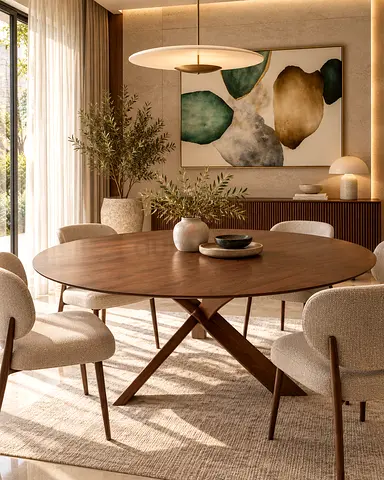 Crate and Barrel Luxury stylishSolid wood round dining table with cross-leg base - 6 seater+Delivery