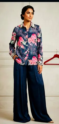 Navy floral long shirt with matching wide pants - set,