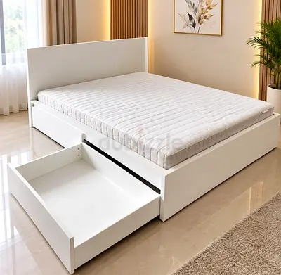 White Storage Bed with Headboard and Underbed Drawers - Queen