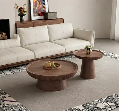 Wooden Round Coffee & Side Table Set - Solid Walnut Finish