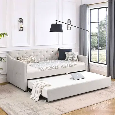 Light Grey Fabric Sofa Bed with Trundle - Modern Tufted Design