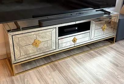 Mirrored TV Unit / Entertainment Console with Gold Trim — Excellent Condition