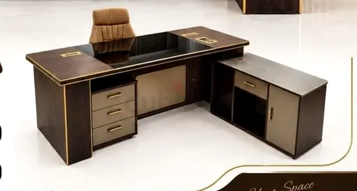 Executive L-shaped Wooden Office Desk with Storage and Matching Credenza