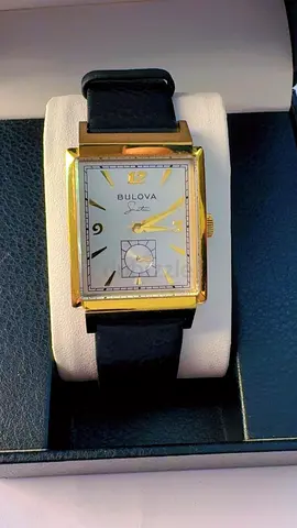 Bulova classic rectangular gold-tone men's watch with black leather strap