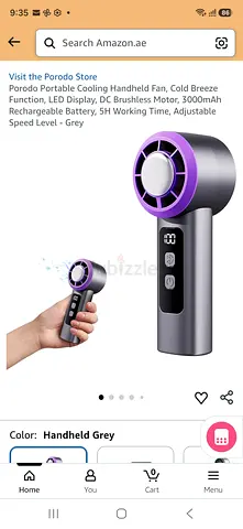 Porodo Portable Handheld Cooling Fan - Rechargeable, LED Display, Grey