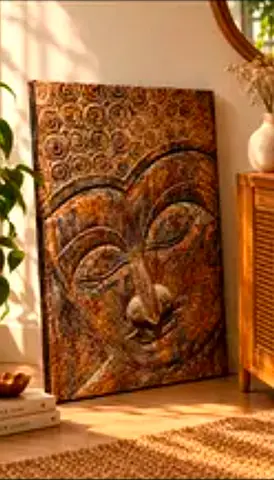 Large Rustic Buddha Wooden Wall Art Panel - Textured Decorative Sculpture