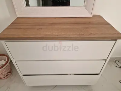 White 3-Drawer Dresser with Wood Top with Whitish Pinkish Mirror Good condition