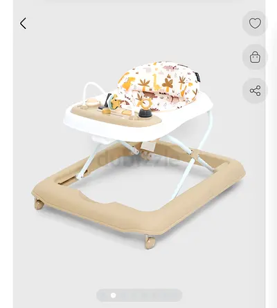 Beige baby walker with activity tray and padded seat - good condition