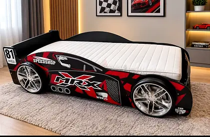 Red Race Car Kids Bed with Mattress - Single, Good Condition