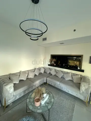 Large L-shaped Velvet Corner Sofa - Light Grey, Good Condition
