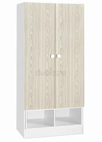 Two-door wardrobe with lower open shelves - light wood finish