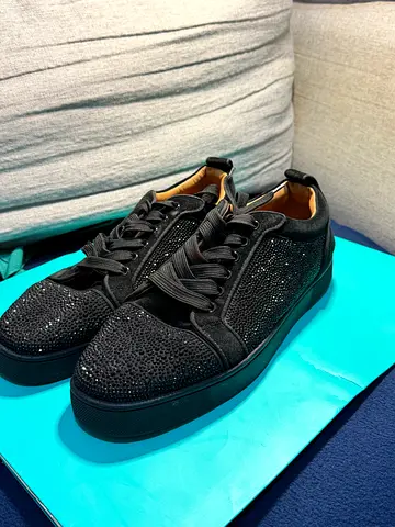 Black crystal-embellished low-top sneakers, gently used