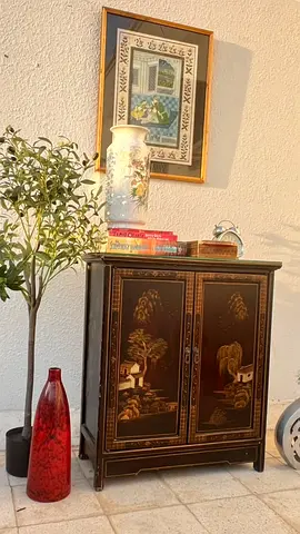 Hand-painted Asian-style Wooden Cabinet with Two Doors - Compact Sideboard