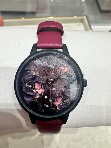OLIVIA BURTON Women's floral dial wristwatch with burgundy leather strap