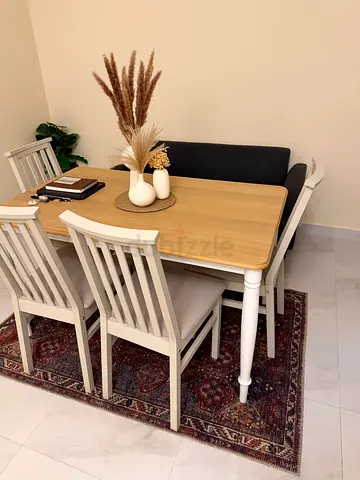 Wooden dining table with 5 seats and bench - good condition