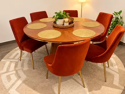 Luxury Wooden round dining table with 6 rust velvet chairs - Excellent condition