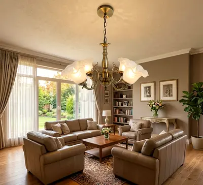 Classic brass chandelier with frosted glass shades - 4-arm ceiling light
